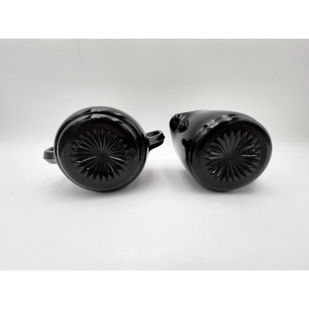 Vtg Black Amethyst Glass Creamer & Sugar W/‎ Silver Design Rockwell Silver Co?